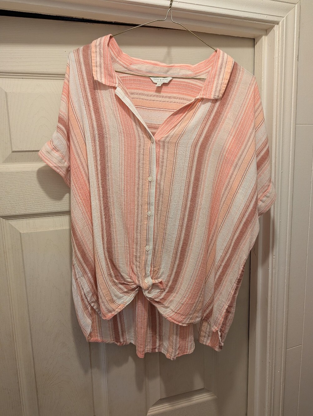 Lucky Brand Pink & Cream Striped Button-Front Knot Top Size Lg